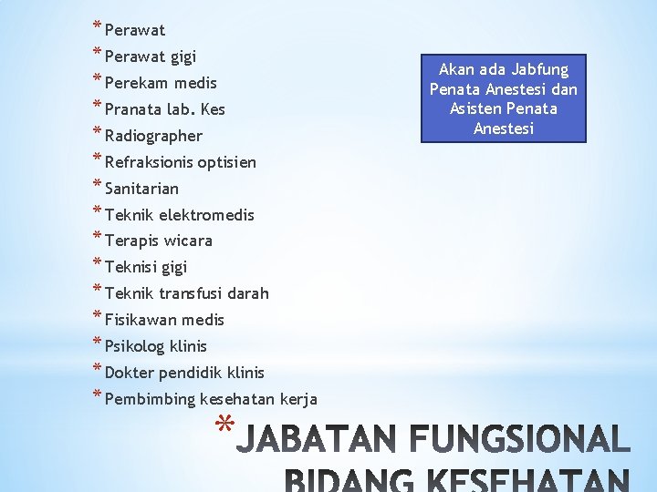 * Perawat gigi * Perekam medis * Pranata lab. Kes * Radiographer * Refraksionis