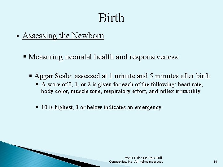 Birth § Assessing the Newborn § Measuring neonatal health and responsiveness: § Apgar Scale: