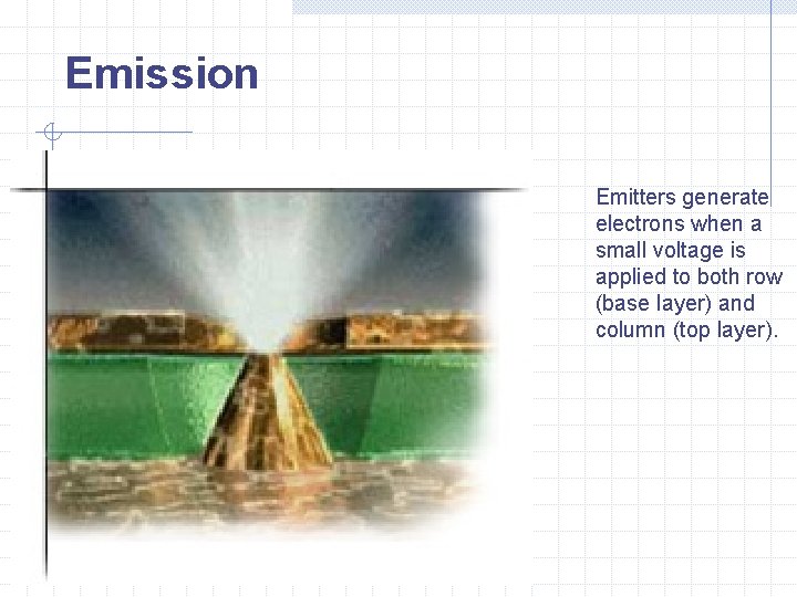 Emission Emitters generate electrons when a small voltage is applied to both row (base