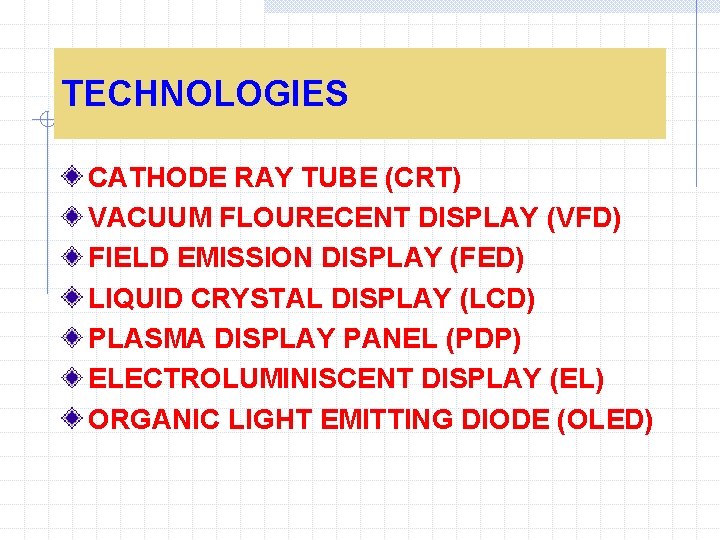 TECHNOLOGIES CATHODE RAY TUBE (CRT) VACUUM FLOURECENT DISPLAY (VFD) FIELD EMISSION DISPLAY (FED) LIQUID