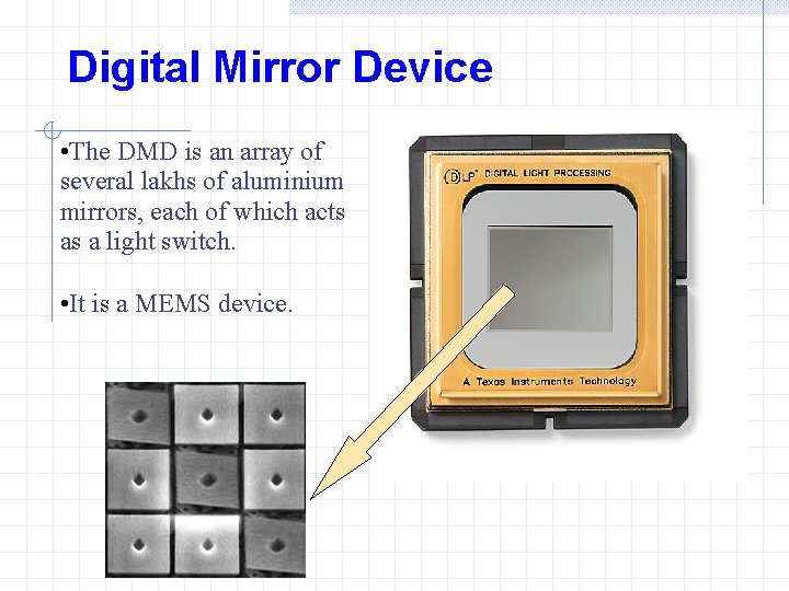 Digital Mirror Device • The DMD is an array of several lakhs of aluminium