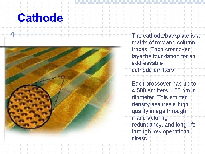 Cathode The cathode/backplate is a matrix of row and column traces. Each crossover lays