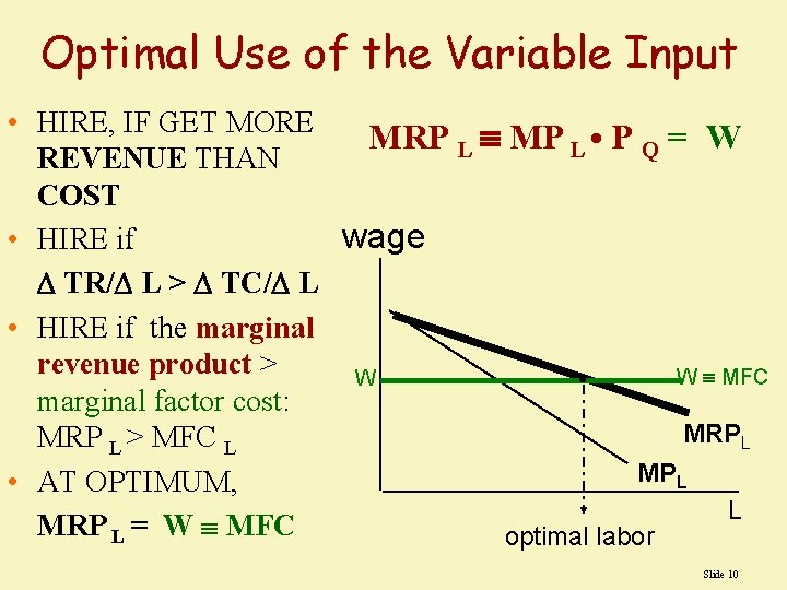 Optimal Use of the Variable Input • HIRE, IF GET MORE MRP L MP Optimal Use of the Variable Input • HIRE, IF GET MORE MRP L MP