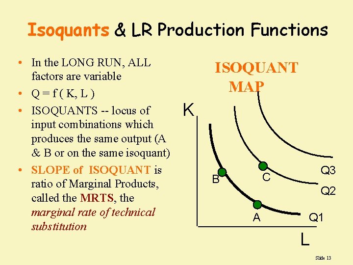 Isoquants & LR Production Functions • In the LONG RUN, ALL factors are variable Isoquants & LR Production Functions • In the LONG RUN, ALL factors are variable