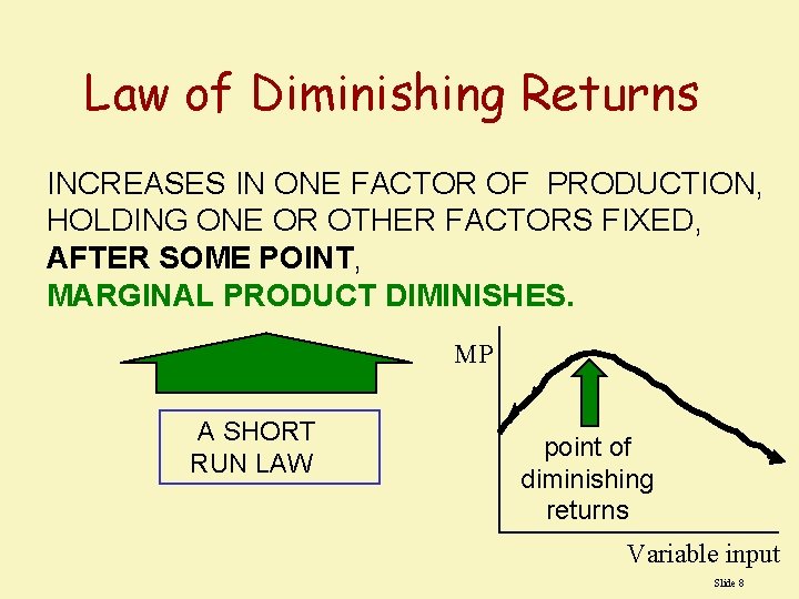 Law of Diminishing Returns INCREASES IN ONE FACTOR OF PRODUCTION, HOLDING ONE OR OTHER Law of Diminishing Returns INCREASES IN ONE FACTOR OF PRODUCTION, HOLDING ONE OR OTHER