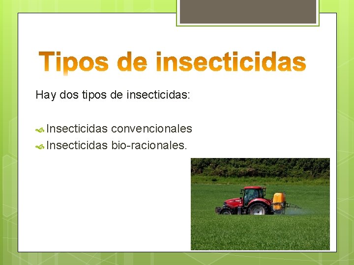 Hay dos tipos de insecticidas: Insecticidas convencionales Insecticidas bio-racionales. 