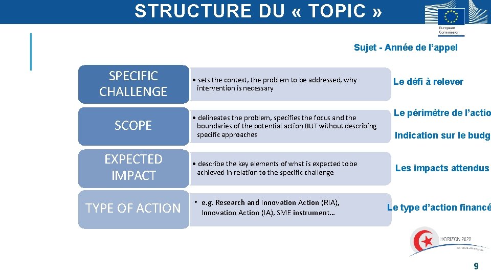 STRUCTURE DU « TOPIC » Sujet - Année de l’appel SPECIFIC CHALLENGE SCOPE EXPECTED STRUCTURE DU « TOPIC » Sujet - Année de l’appel SPECIFIC CHALLENGE SCOPE EXPECTED