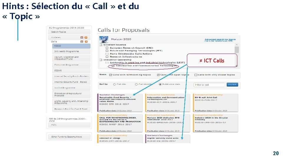 Hints : Sélection du « Call » et du « Topic » ≠ ICT Hints : Sélection du « Call » et du « Topic » ≠ ICT