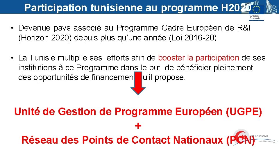Participation tunisienne au programme H 2020 • Devenue pays associé au Programme Cadre Européen Participation tunisienne au programme H 2020 • Devenue pays associé au Programme Cadre Européen