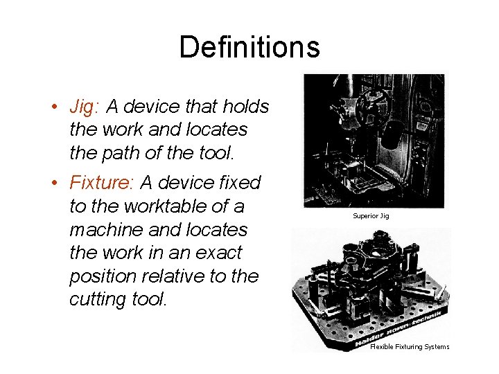 Definitions • Jig: A device that holds the work and locates the path of