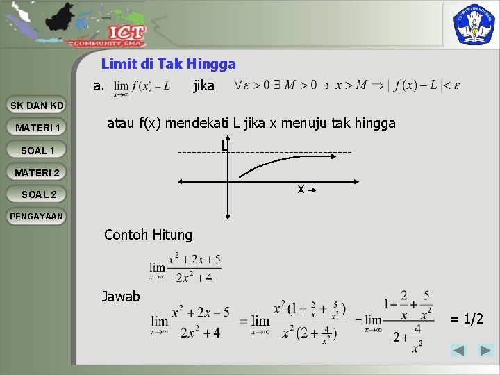 Limit di Tak Hingga a. jika SK DAN KD MATERI 1 atau f(x) mendekati