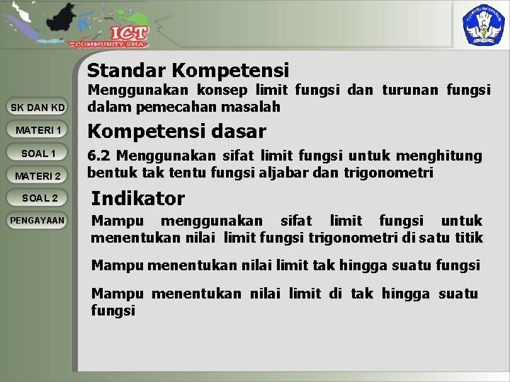 Standar Kompetensi SK DAN KD MATERI 1 SOAL 1 MATERI 2 SOAL 2 PENGAYAAN