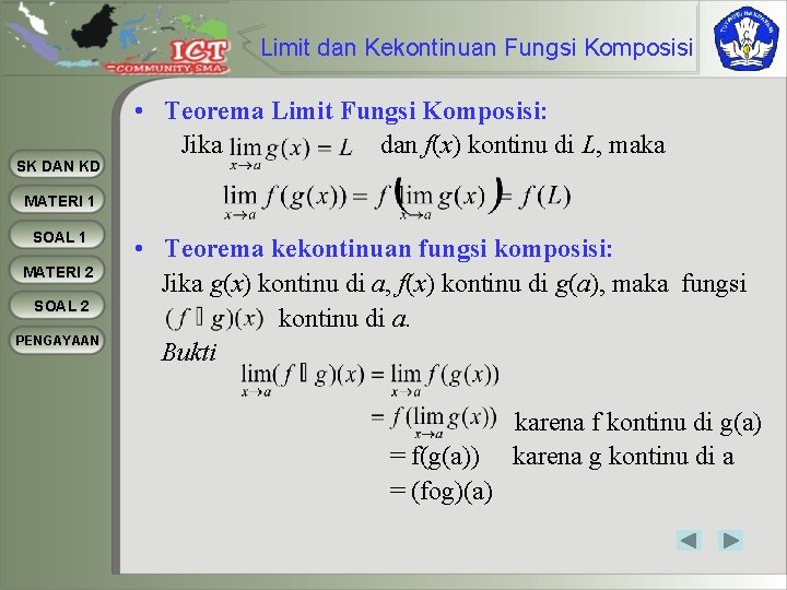 Limit dan Kekontinuan Fungsi Komposisi SK DAN KD • Teorema Limit Fungsi Komposisi: Jika