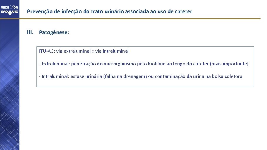 Prevenção de infecção do trato urinário associada ao uso de cateter III. Patogênese: ITU-AC: