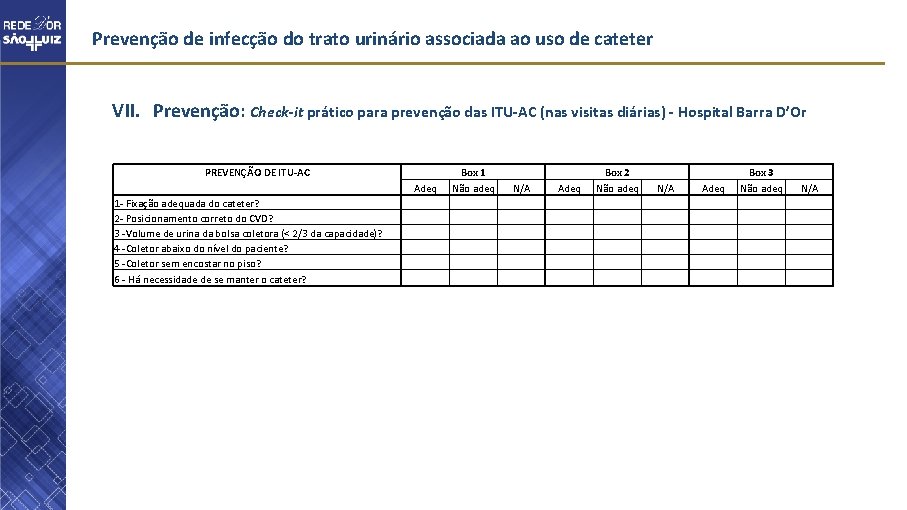 Prevenção de infecção do trato urinário associada ao uso de cateter VII. Prevenção: Check-it