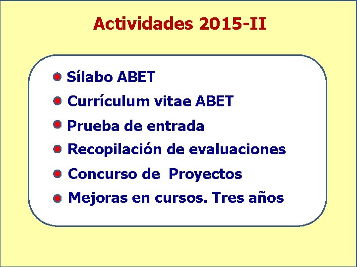 Actividades 2015 -II Sílabo ABET Currículum vitae ABET Prueba de entrada Recopilación de evaluaciones