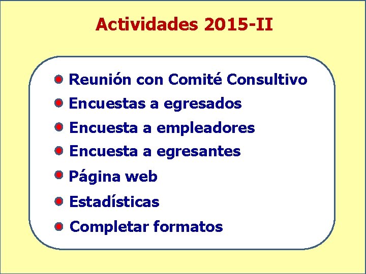 Actividades 2015 -II Reunión con Comité Consultivo Encuestas a egresados Encuesta a empleadores Encuesta