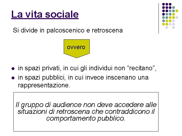 La vita sociale Si divide in palcoscenico e retroscena ovvero l l in spazi