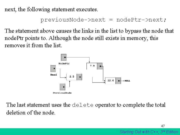 next, the following statement executes. previous. Node->next = node. Ptr->next; The statement above causes next, the following statement executes. previous. Node->next = node. Ptr->next; The statement above causes