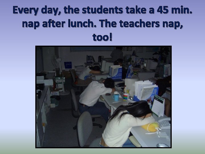 Every day, the students take a 45 min. nap after lunch. The teachers nap,