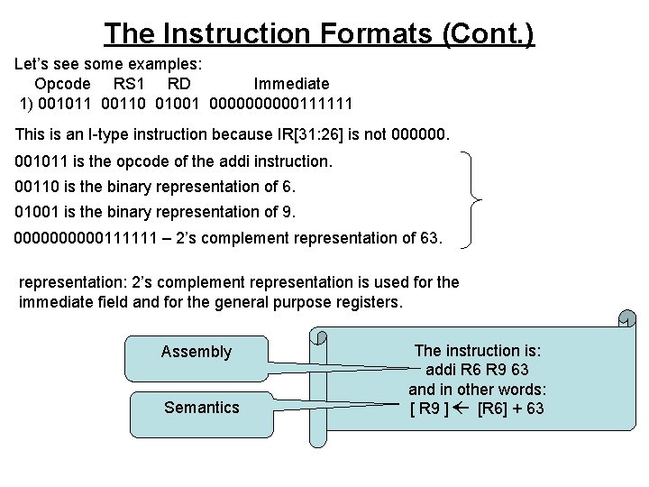 The Instruction Formats (Cont. ) Let’s see some examples: Opcode RS 1 RD Immediate