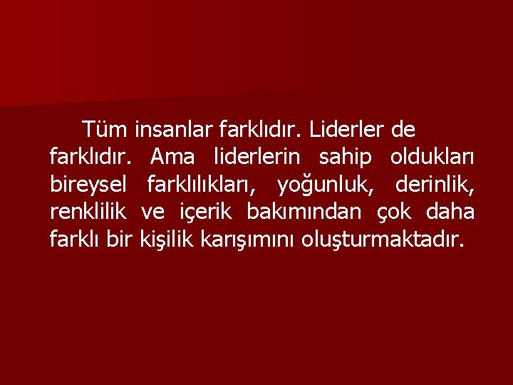 Tüm insanlar farklıdır. Liderler de farklıdır. Ama liderlerin sahip oldukları bireysel farklılıkları, yoğunluk, derinlik,