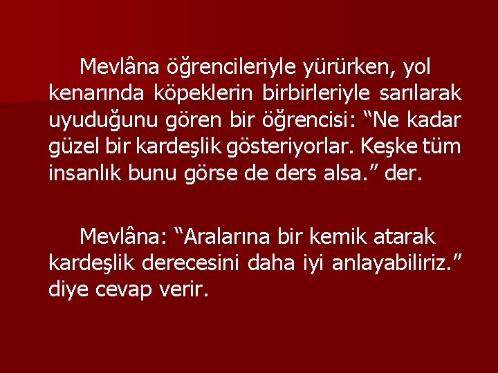 Mevlâna öğrencileriyle yürürken, yol kenarında köpeklerin birbirleriyle sarılarak uyuduğunu gören bir öğrencisi: “Ne kadar