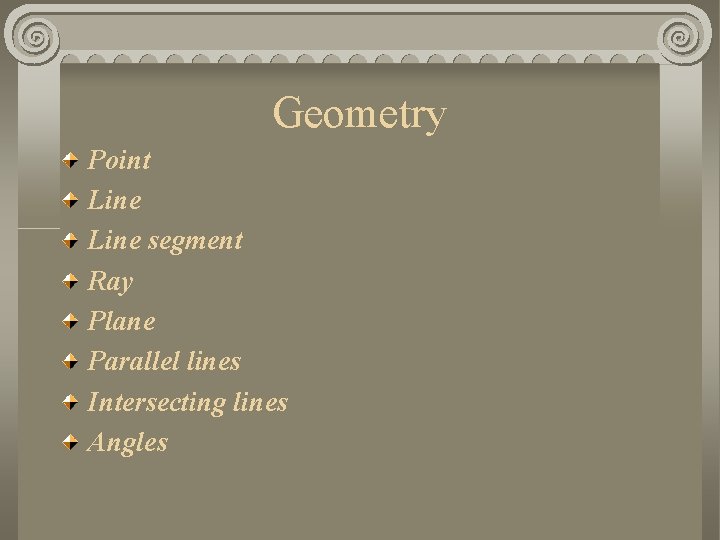 Geometry Point Line segment Ray Plane Parallel lines Intersecting lines Angles 