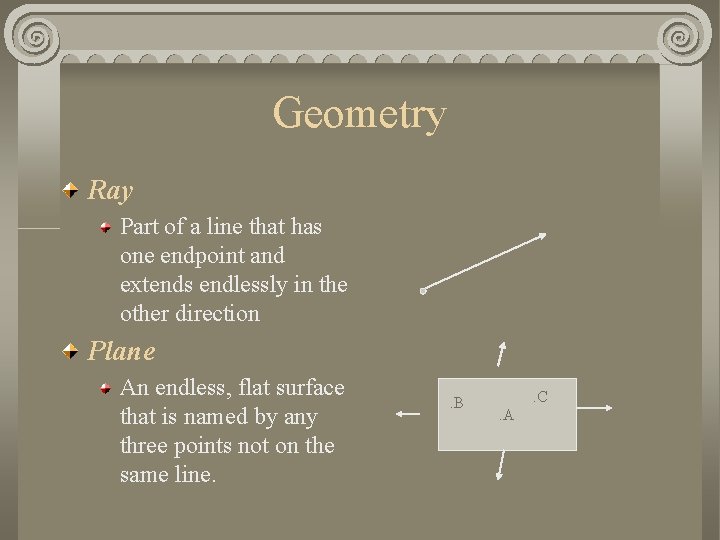 Geometry Ray Part of a line that has one endpoint and extends endlessly in
