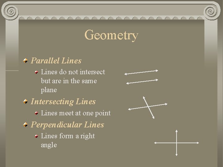 Geometry Parallel Lines do not intersect but are in the same plane Intersecting Lines
