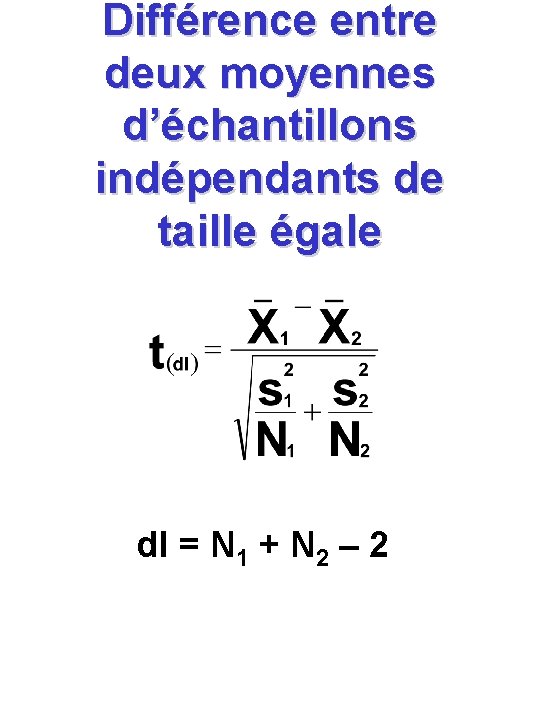 Différence entre deux moyennes d’échantillons indépendants de taille égale dl = N 1 +