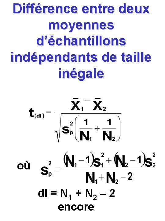 Différence entre deux moyennes d’échantillons indépendants de taille inégale où dl = N 1