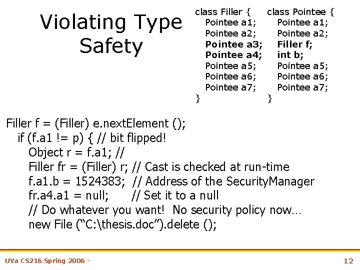 Violating Type Safety class Filler { class Pointee { Pointee a 1; Pointee a