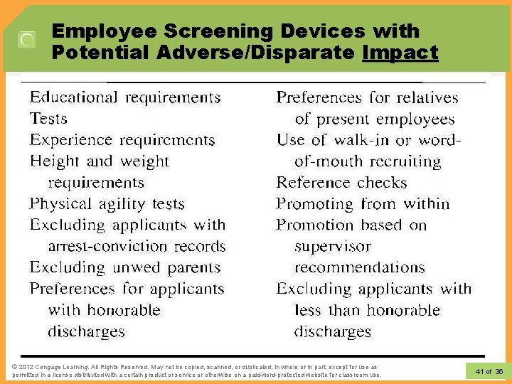 Employee Screening Devices with Potential Adverse/Disparate Impact © 2012 Cengage Learning. All Rights Reserved.