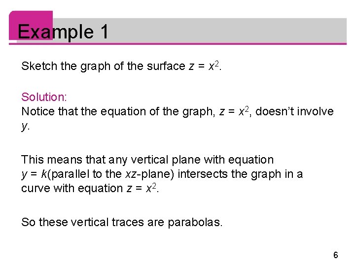 Example 1 Sketch the graph of the surface z = x 2. Solution: Notice