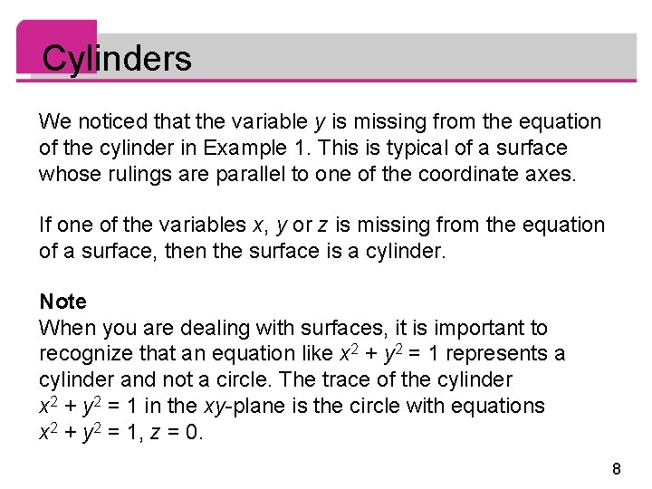 Cylinders We noticed that the variable y is missing from the equation of the