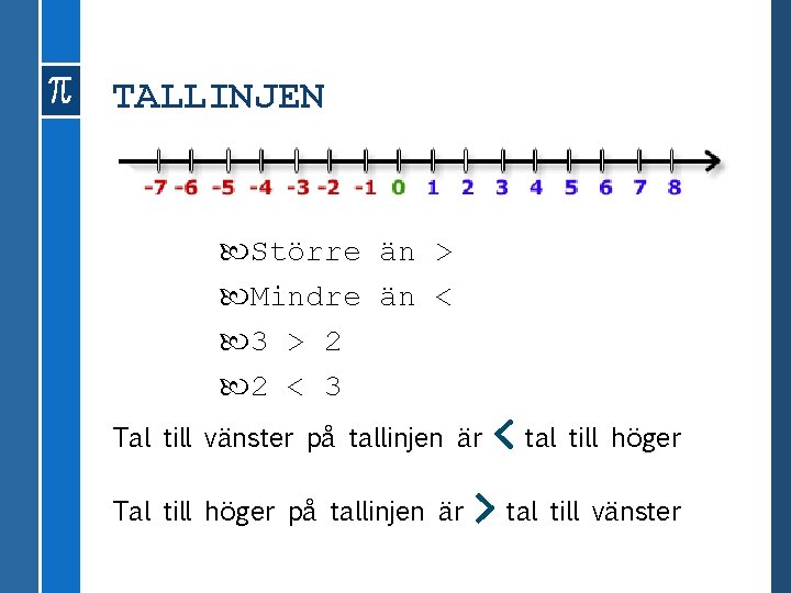 TALLINJEN Större än > Mindre än < 3 > 2 2 < 3 Tal