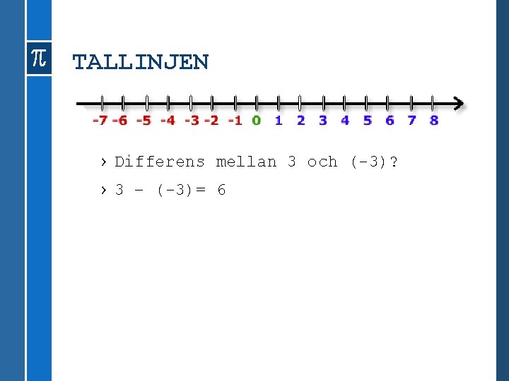 TALLINJEN › Differens mellan 3 och (-3)? › 3 – (-3)= 6 