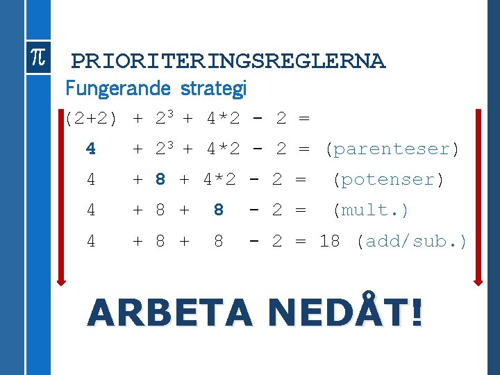 PRIORITERINGSREGLERNA Fungerande strategi (2+2) + 23 + 4*2 - 2 = 4 + 23