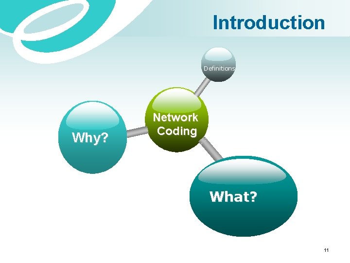 Introduction Definitions Why? Network Coding What? 11 