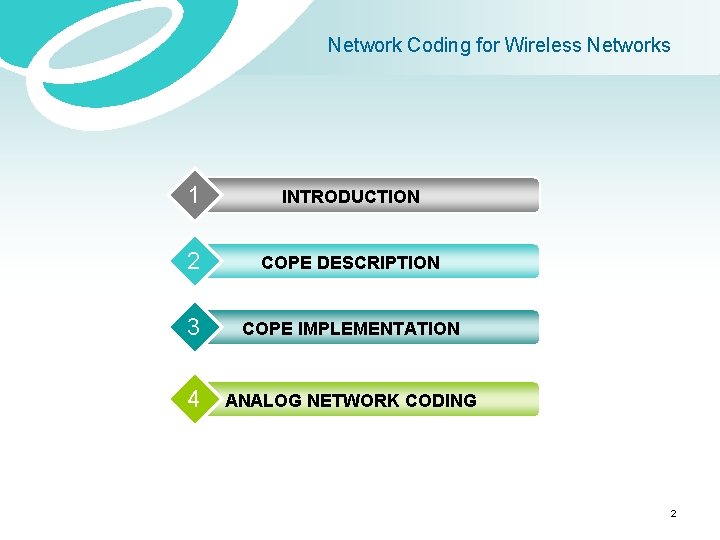 Network Coding for Wireless Networks 1 INTRODUCTION 2 COPE DESCRIPTION 3 COPE IMPLEMENTATION 4