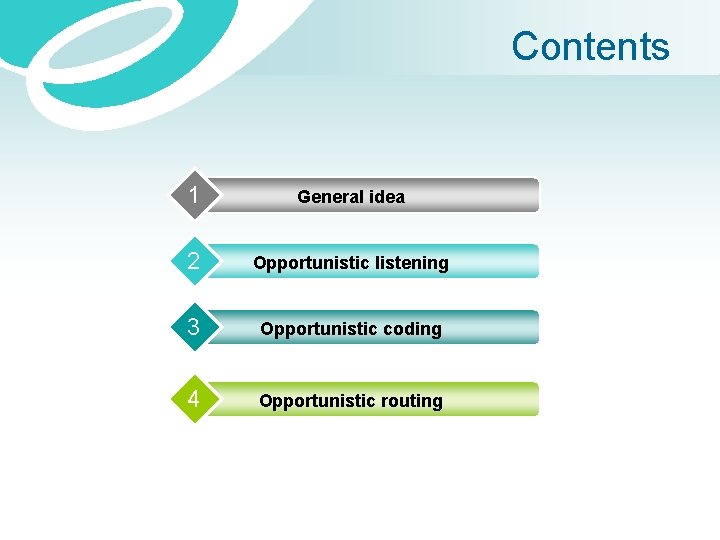 Contents 1 General idea 2 Opportunistic listening 3 Opportunistic coding 4 Opportunistic routing 