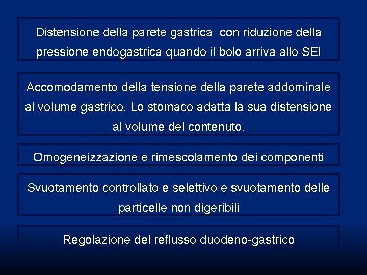 Distensione della parete gastrica con riduzione della pressione endogastrica quando il bolo arriva allo Distensione della parete gastrica con riduzione della pressione endogastrica quando il bolo arriva allo