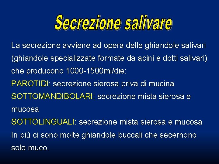 La secrezione avviene ad opera delle ghiandole salivari (ghiandole specializzate formate da acini e La secrezione avviene ad opera delle ghiandole salivari (ghiandole specializzate formate da acini e