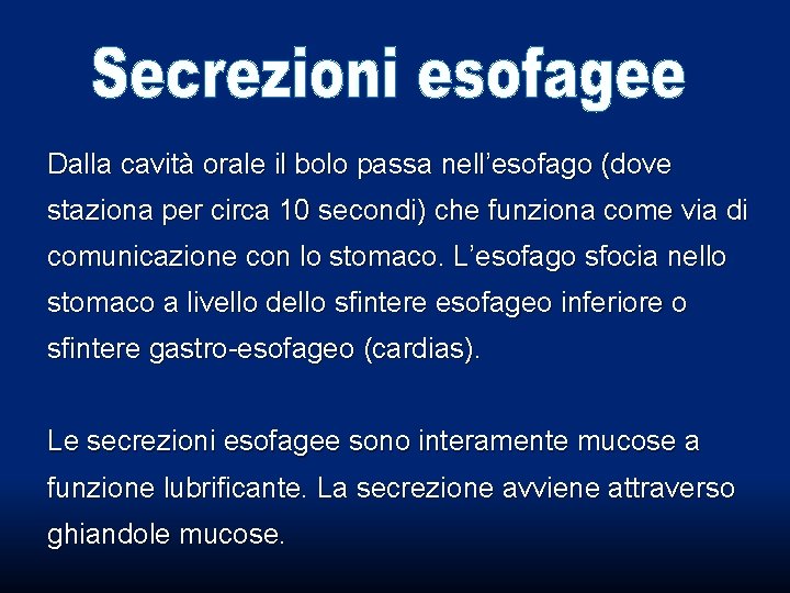Dalla cavità orale il bolo passa nell’esofago (dove staziona per circa 10 secondi) che Dalla cavità orale il bolo passa nell’esofago (dove staziona per circa 10 secondi) che