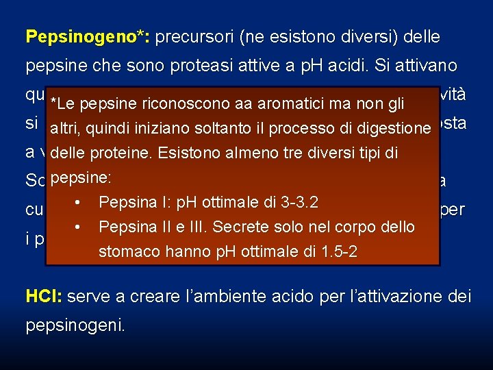 Pepsinogeno*: precursori (ne esistono diversi) delle pepsine che sono proteasi attive a p. H Pepsinogeno*: precursori (ne esistono diversi) delle pepsine che sono proteasi attive a p. H