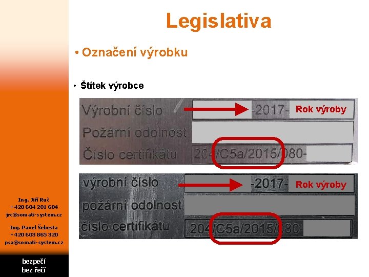 Legislativa • Označení výrobku • Štítek výrobce Rok výroby Ing. Jiří Ruč +420 604