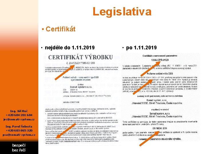 Legislativa • Certifikát • nejdéle do 1. 11. 2019 Ing. Jiří Ruč +420 604