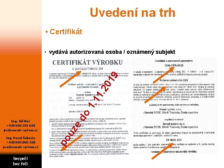 Uvedení na trh • Certifikát bezpečí bez řečí e uz Ing. Pavel Šebesta +420