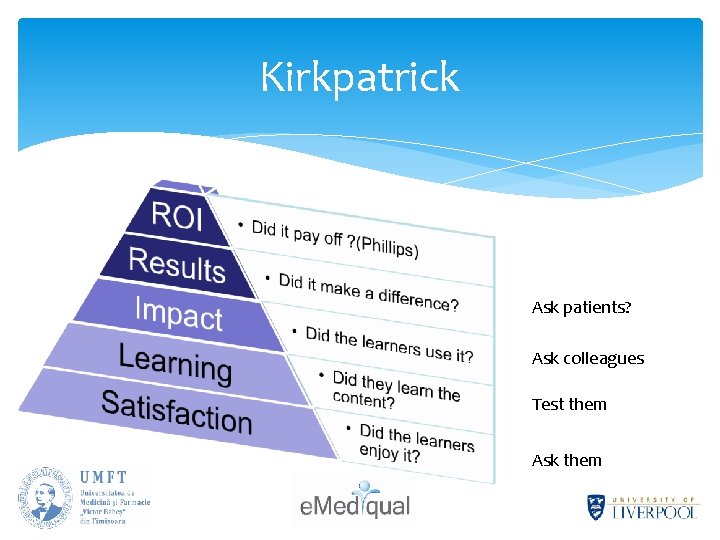 Kirkpatrick Ask patients? Ask colleagues Test them Ask them 